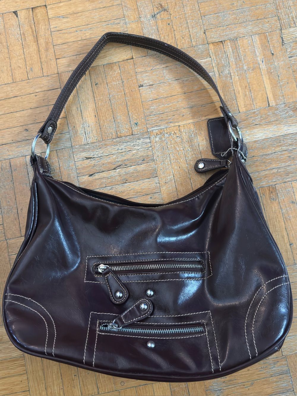 Minelli Brown Leather Hobo Shoulder Bag